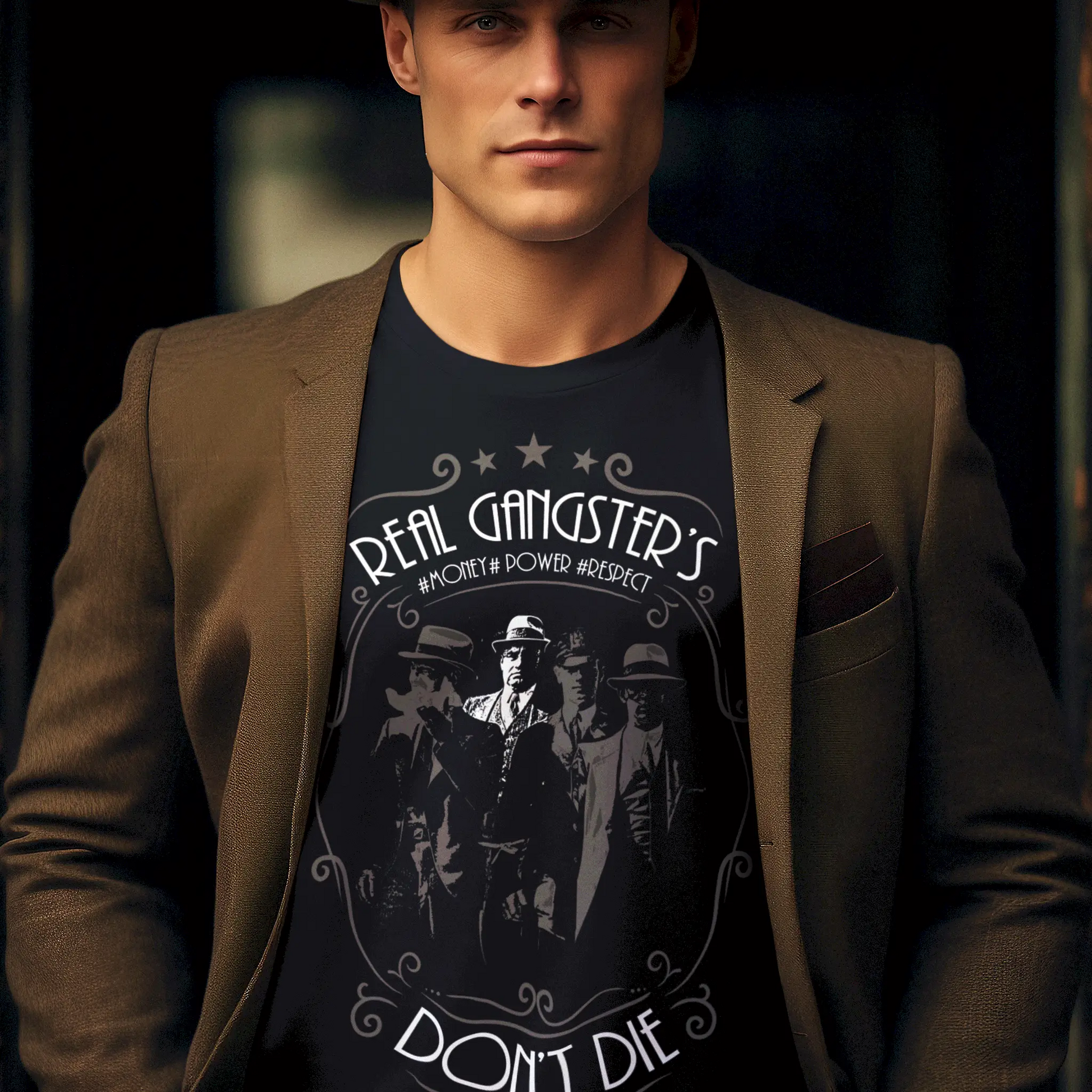 Long sleeve shirt in black with bold mafia print and ornate frame – Μακρυμάνικο μαύρο μπλουζάκι με έντονο μαφιόζικο print και διακοσμητικό πλαίσιο