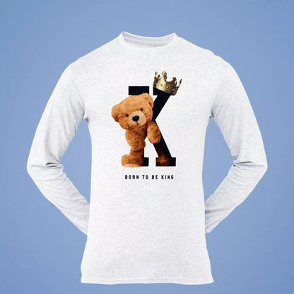 Long sleeve tee with cute teddy bear wearing crown, white background – Μακρυμάνικο t-shirt με χαριτωμένο αρκουδάκι και κορώνα, σε λευκό φόντο