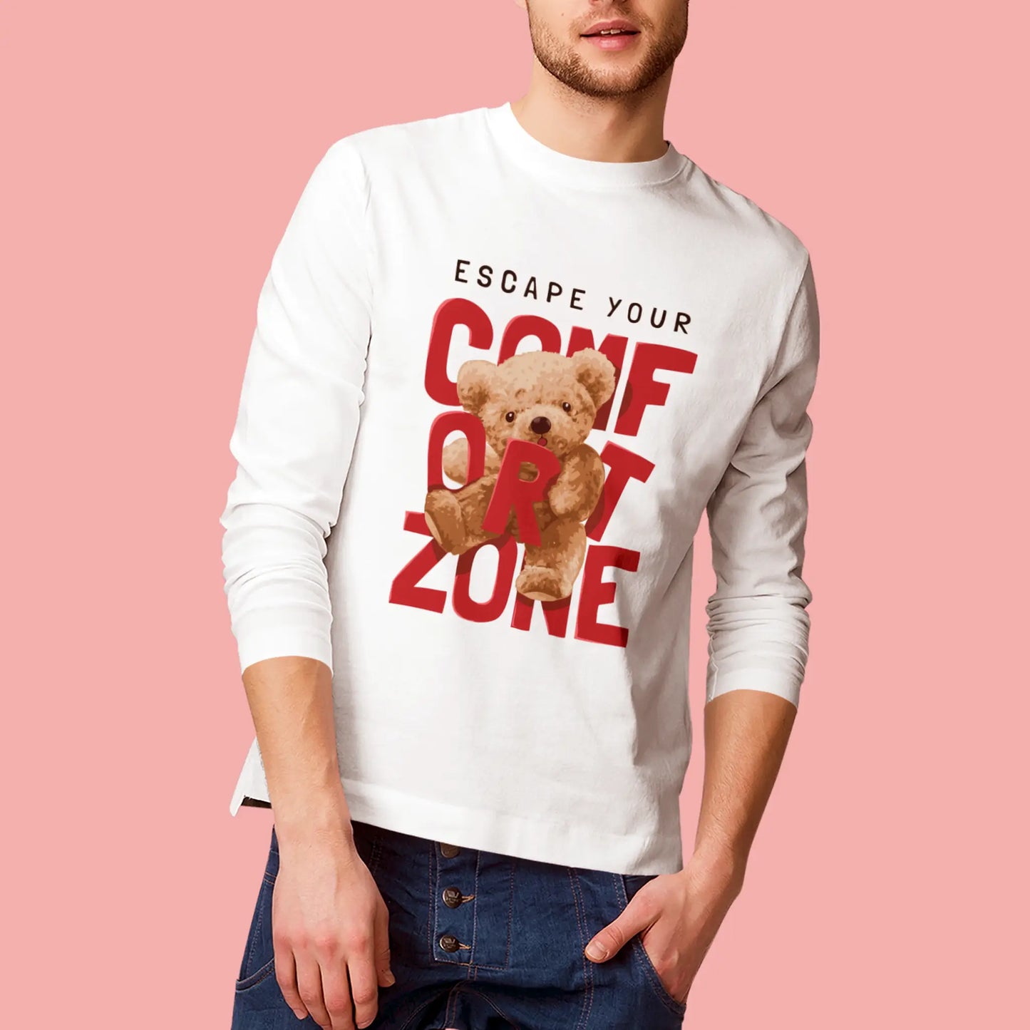 Long sleeve white shirt featuring teddy bear escape comfort zone artwork – Μακρυμάνικο λευκό πουκάμισο με teddy bear escape comfort zone έργο τέχνης