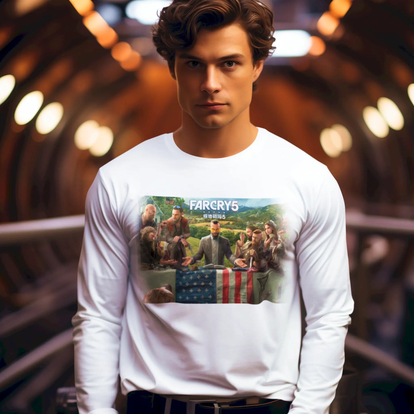 Long sleeve white tee with dramatic scene print and clean fade-out, perfect for cooler game nights – Μακρυμάνικο λευκό tee με δραματικό print σκηνής και καθαρό fade-out, ιδανικό για δροσερές gamer βραδιές
