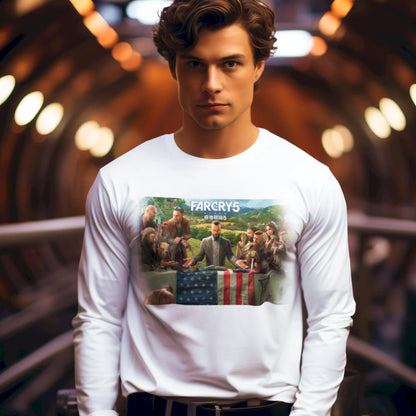 Long sleeve white tee with dramatic scene print and clean fade-out, perfect for cooler game nights – Μακρυμάνικο λευκό tee με δραματικό print σκηνής και καθαρό fade-out, ιδανικό για δροσερές gamer βραδιές