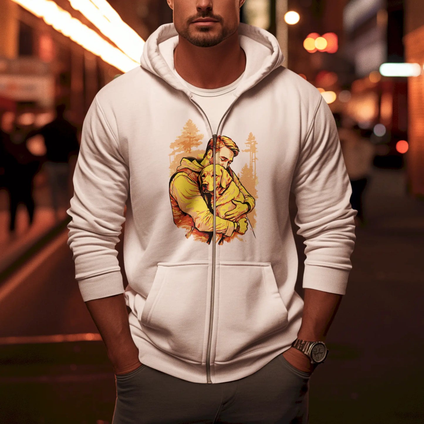 Man and dog illustration delivers a story of loyalty on sleek white zip hoodie -
Η εικονογράφηση άντρα και σκύλου αφηγείται μια ιστορία αφοσίωσης σε λευκό zip hoodie.