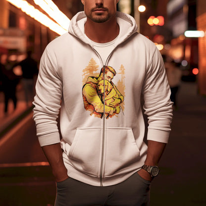 Man and dog illustration delivers a story of loyalty on sleek white zip hoodie -
Η εικονογράφηση άντρα και σκύλου αφηγείται μια ιστορία αφοσίωσης σε λευκό zip hoodie.