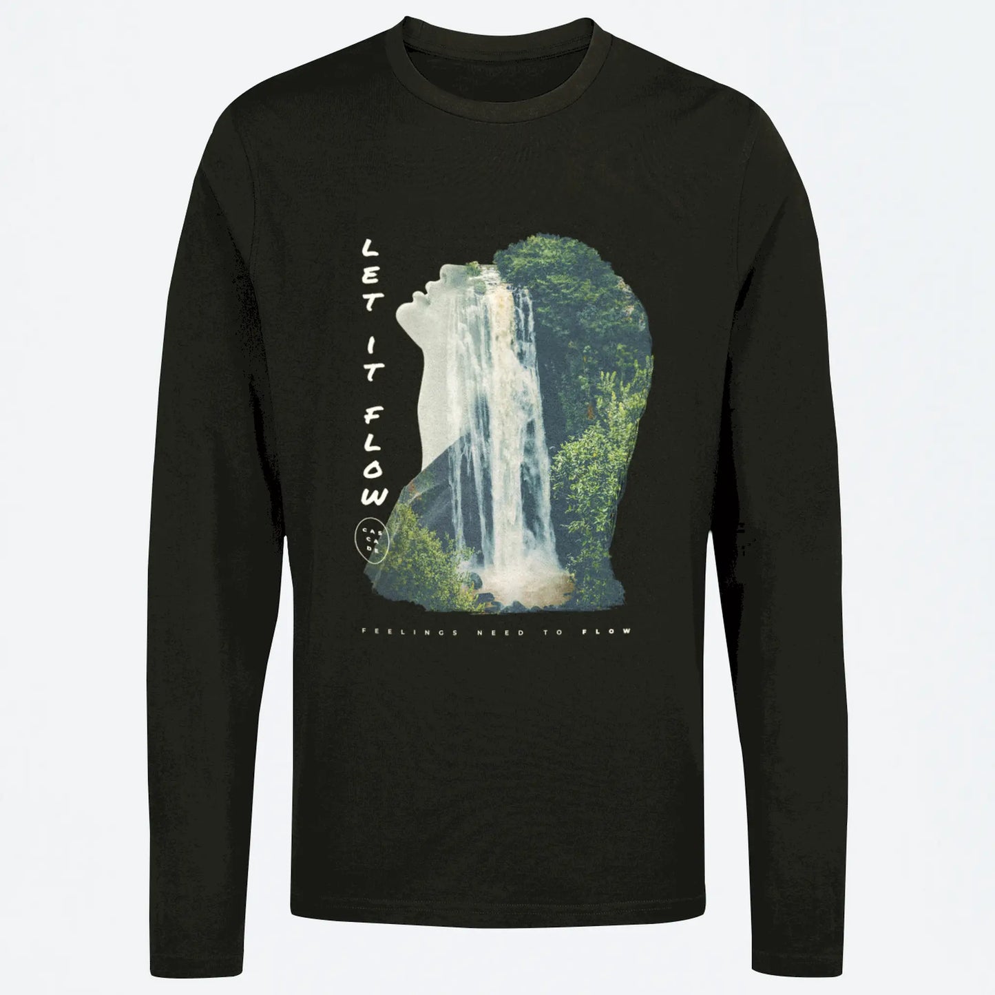 Mindful nature cascade design on black long sleeve – Σχέδιο καταρράκτη ενσυνειδητότητας σε μαύρη μακρυμάνικη