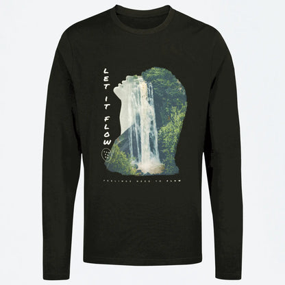 Mindful nature cascade design on black long sleeve – Σχέδιο καταρράκτη ενσυνειδητότητας σε μαύρη μακρυμάνικη