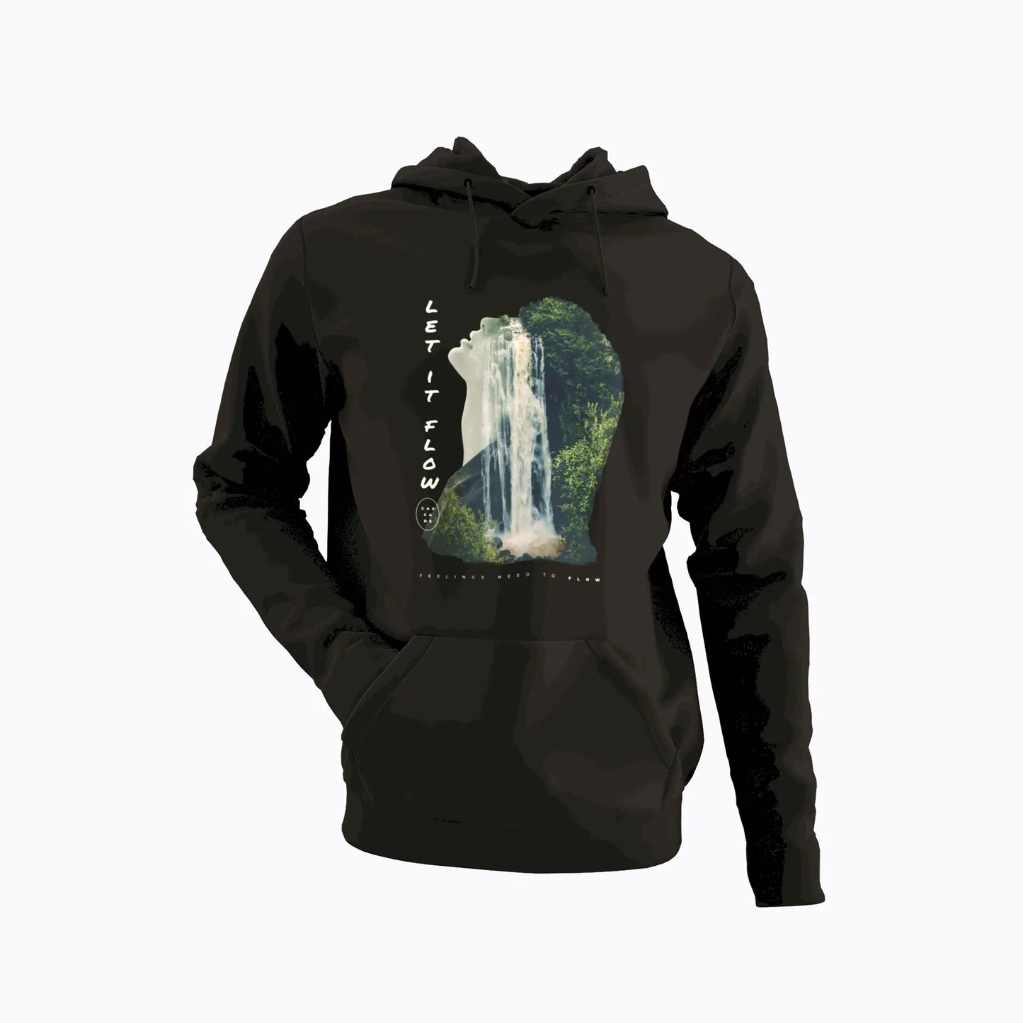 Mindful nature waterfall print on black hoodie – Εκτύπωση καταρράκτη ενσυνειδητότητας σε μαύρη κουκούλα