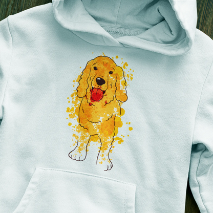 Minimal white hoodie with expressive watercolor Cocker design — Μίνιμαλ λευκό hoodie με εκφραστικό σχέδιο Cocker σε watercolor.