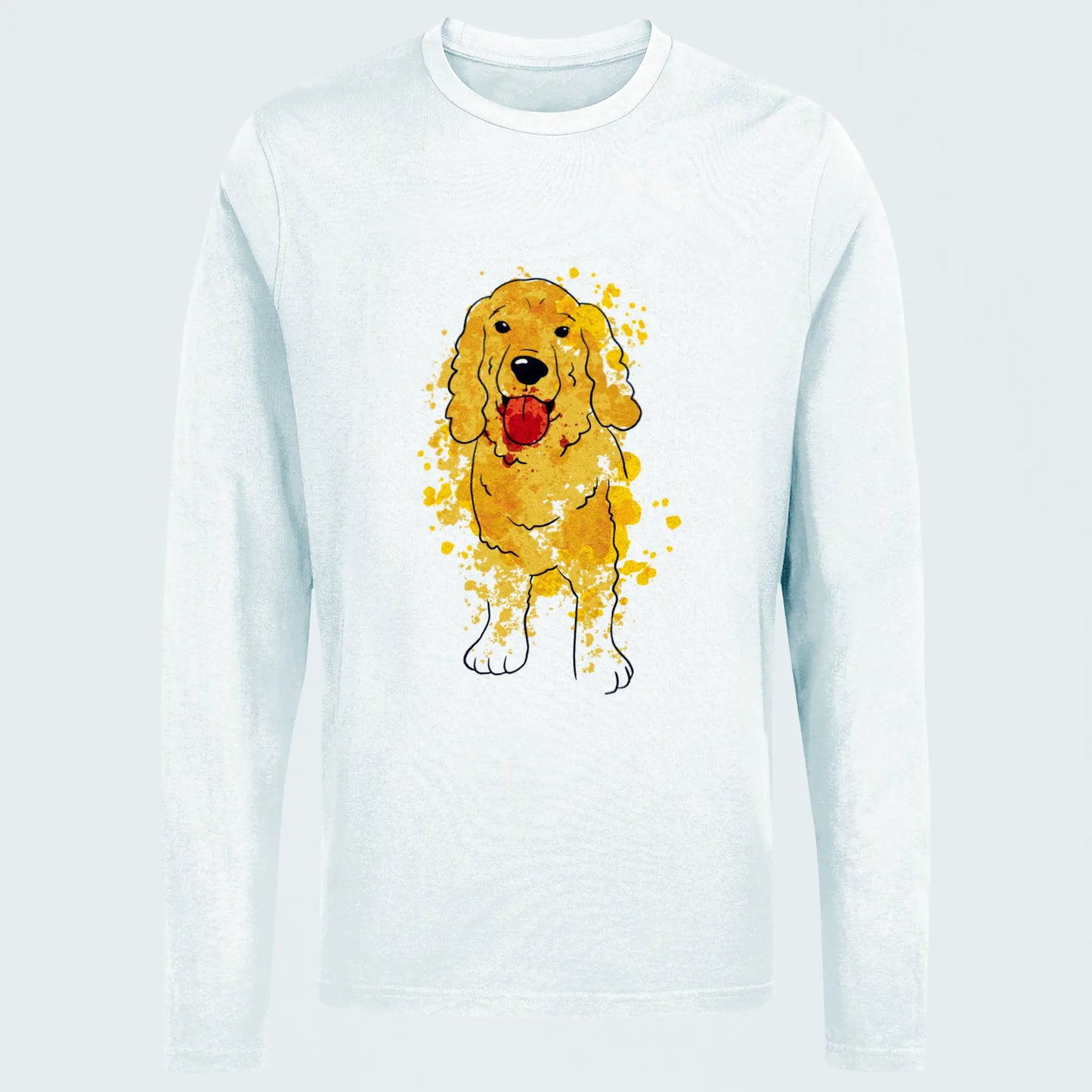 Minimal white long sleeve featuring a sweet Cocker Spaniel watercolor print — Μίνιμαλ λευκή μακρυμάνικη με γλυκιά υδατογραφία Cocker Spaniel.