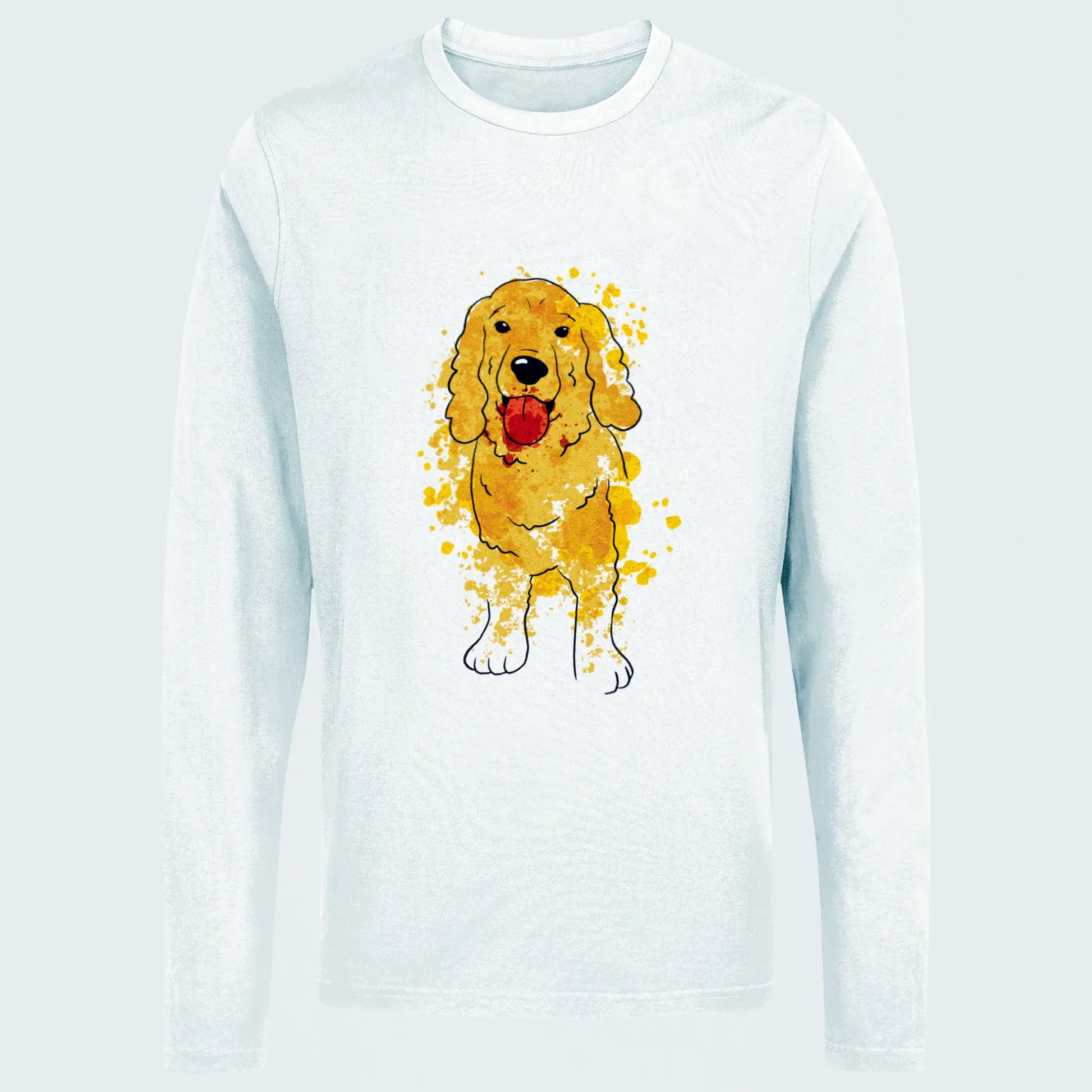 Minimal white long sleeve featuring a sweet Cocker Spaniel watercolor print — Μίνιμαλ λευκή μακρυμάνικη με γλυκιά υδατογραφία Cocker Spaniel.