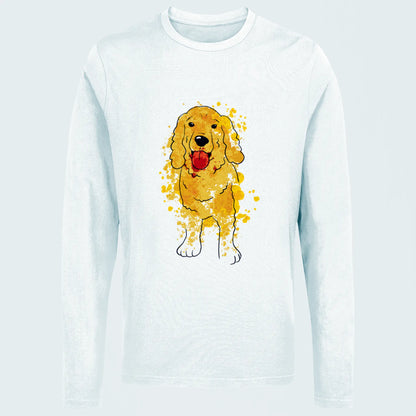 Minimal white long sleeve featuring a sweet Cocker Spaniel watercolor print — Μίνιμαλ λευκή μακρυμάνικη με γλυκιά υδατογραφία Cocker Spaniel.
