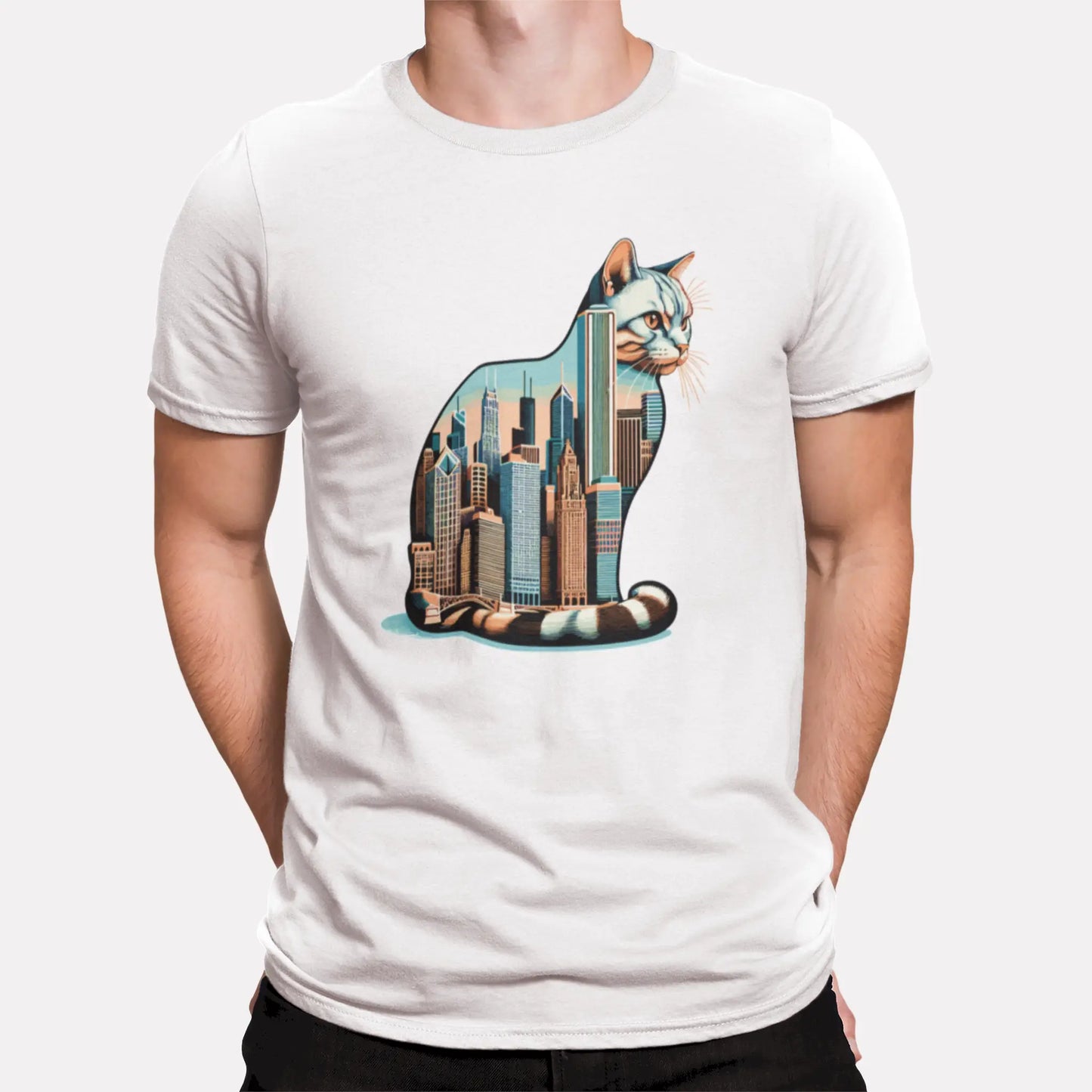 Minimal white shirt with skyline cat graphic – Καθαρό σχέδιο με γάτα και κτήρια Chicago σε λευκό μπλουζάκι