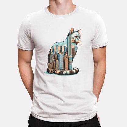 Minimal white shirt with skyline cat graphic – Καθαρό σχέδιο με γάτα και κτήρια Chicago σε λευκό μπλουζάκι