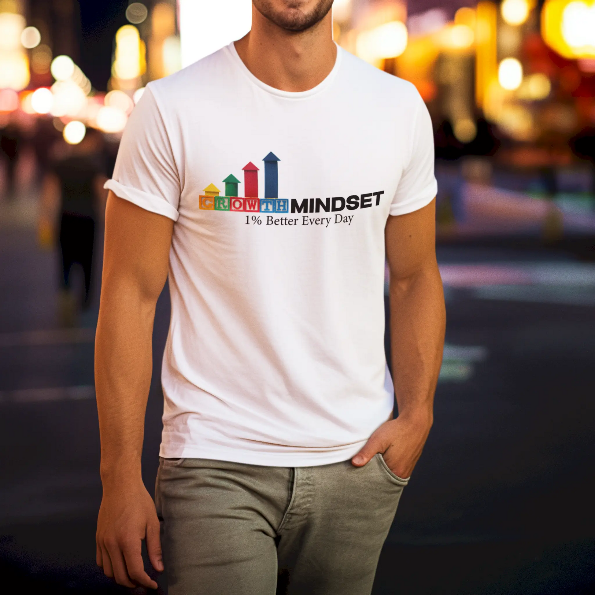 Minimalist 'Growth Mindset' print on white casual t-shirt – Μινιμαλιστικό σχέδιο 'Growth Mindset' πάνω σε λευκό καθημερινό μπλουζάκι