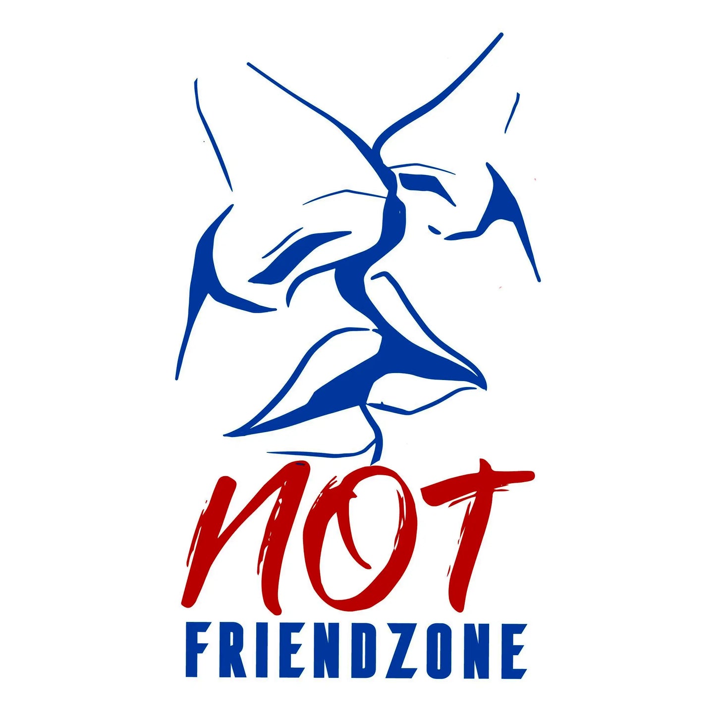 Minimalist romantic kiss illustration with bold red and blue 'Not Friendzone' slogan – Μινιμαλιστική ρομαντική απεικόνιση φιλιού με έντονο κόκκινο και μπλε σύνθημα 'Not Friendzone