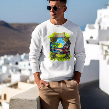 Minimalist white crewneck top focusing on the artistic graffiti design details. — Μινιμαλιστικό λευκό φούτερ με έμφαση στις λεπτομέρειες του καλλιτεχνικού σχεδίου με graffiti