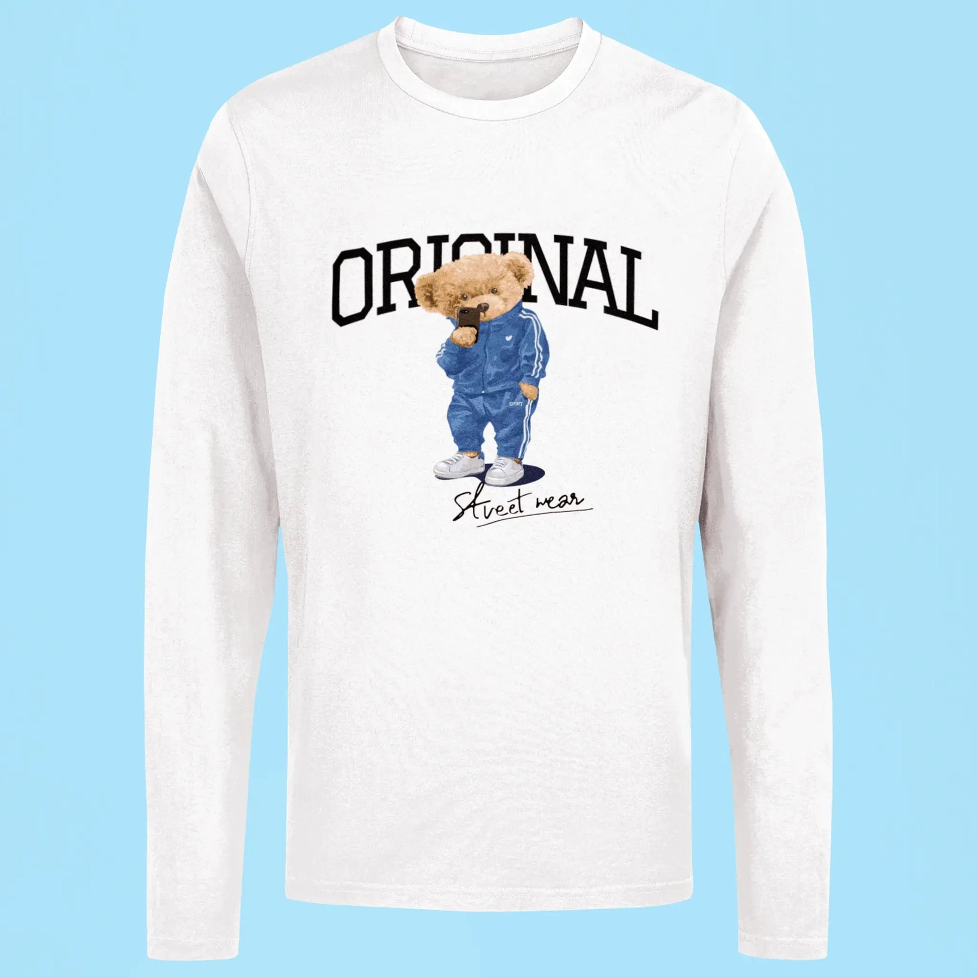 Minimalist white long sleeve shirt with street style bear – Μινιμαλιστικό λευκό μακρυμάνικο με αρκούδο street style