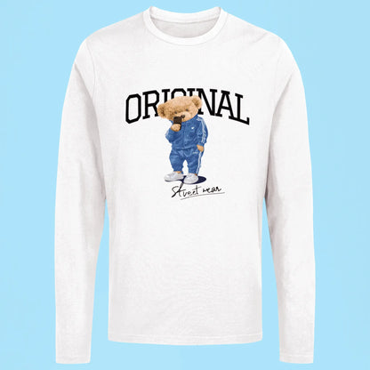 Minimalist white long sleeve shirt with street style bear – Μινιμαλιστικό λευκό μακρυμάνικο με αρκούδο street style