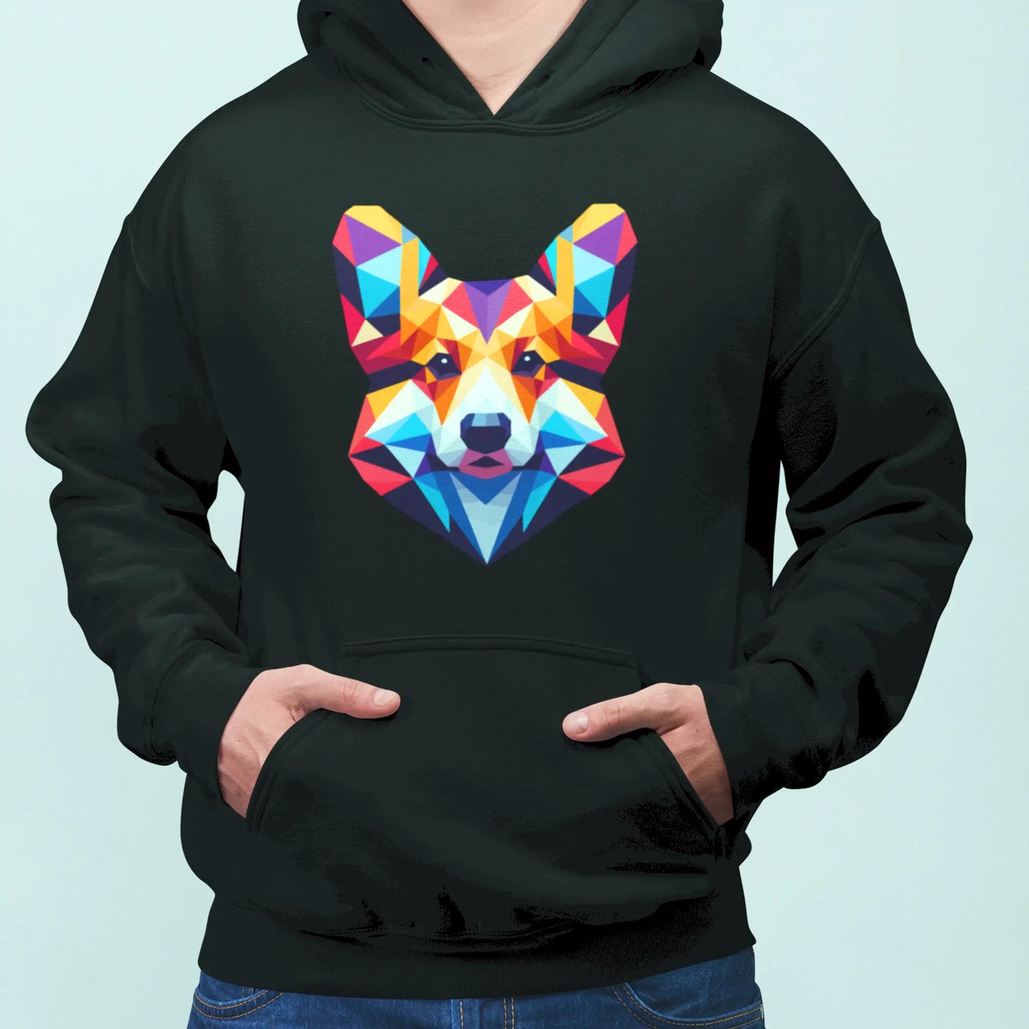 Modern black hoodie featuring bold polygon Corgi – Μοντέρνο μαύρο hoodie με έντονο γεωμετρικό Corgi design.