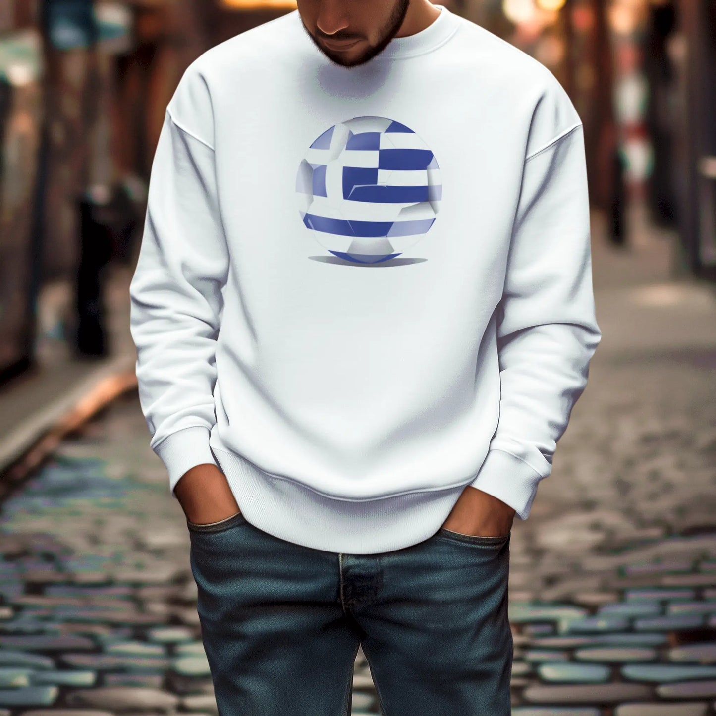 Modern crewneck featuring Greece’s football pride in ball format – Μοντέρνο φούτερ που απεικονίζει την ελληνική περηφάνεια μέσω μπάλας.