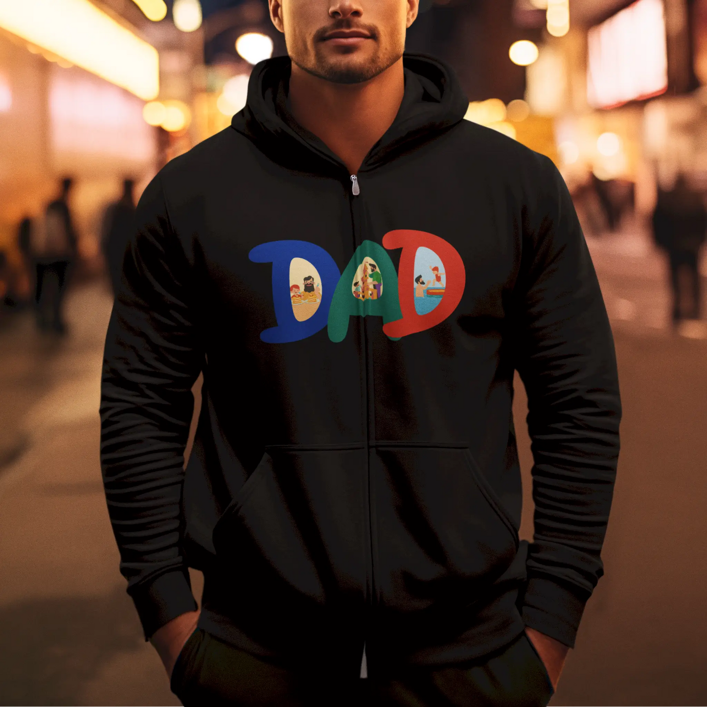 Modern fatherhood graphic on black zip hoodie | Μοντέρνο σχέδιο πατρότητας σε μαύρο zip hoodie