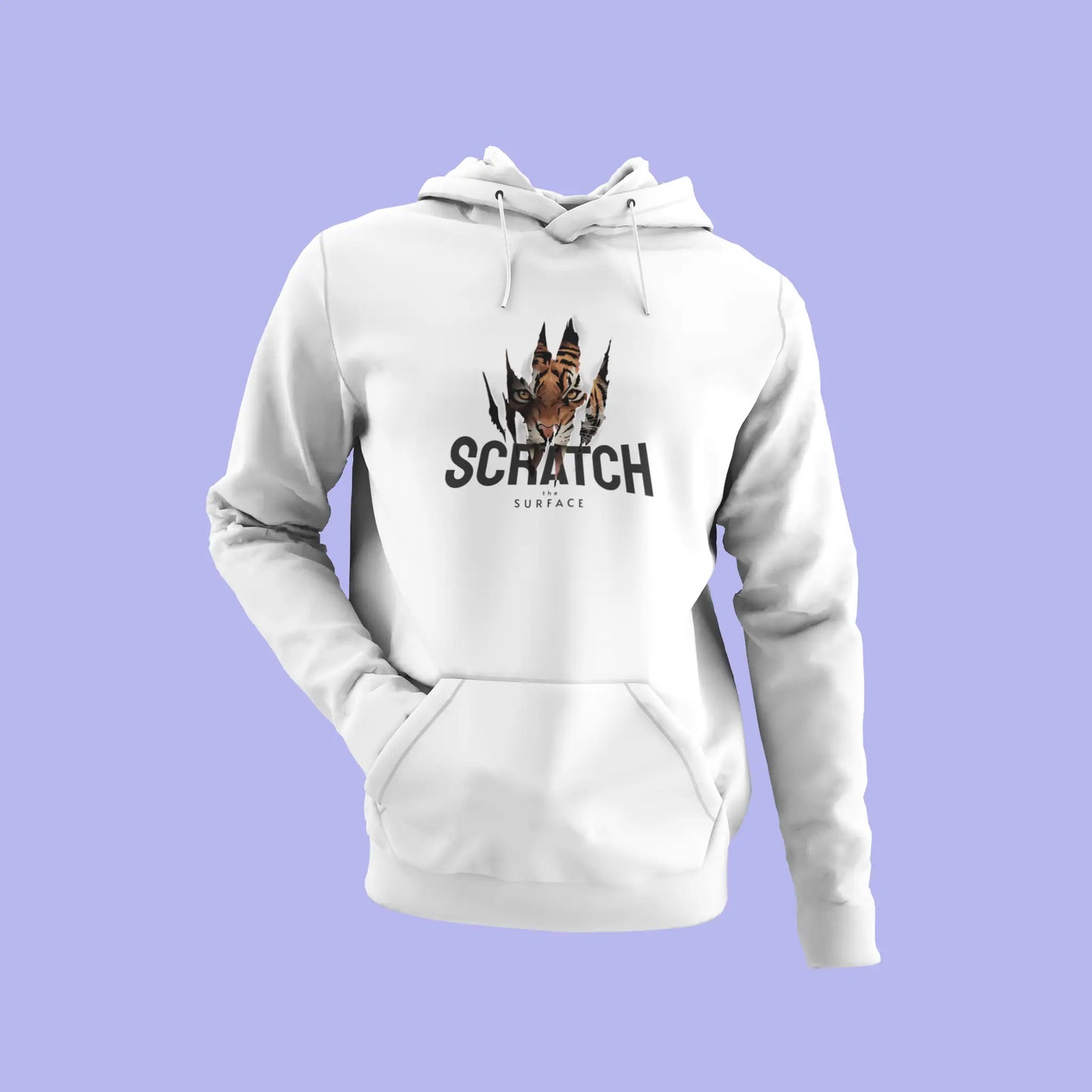 Modern white hoodie with a prominent Scratch the surface design on the chest. — Μοντέρνο λευκό hoodie με ένα εμφανές σχέδιο Scratch the surface στο στήθος