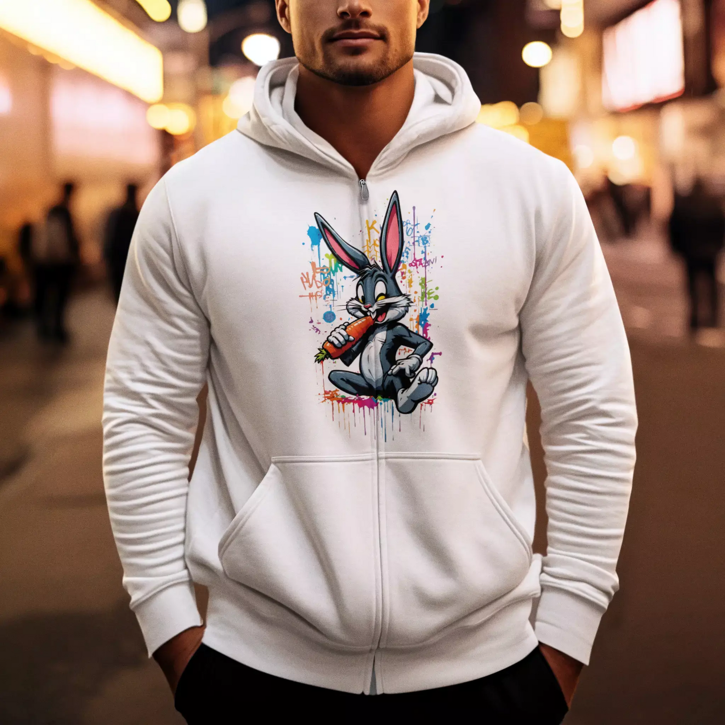Modern white zip hoodie με τον Bugs Bunny σε urban graffiti έκδοση για κάθε μέρα.