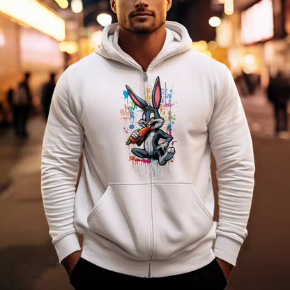 Modern white zip hoodie με τον Bugs Bunny σε urban graffiti έκδοση για κάθε μέρα.