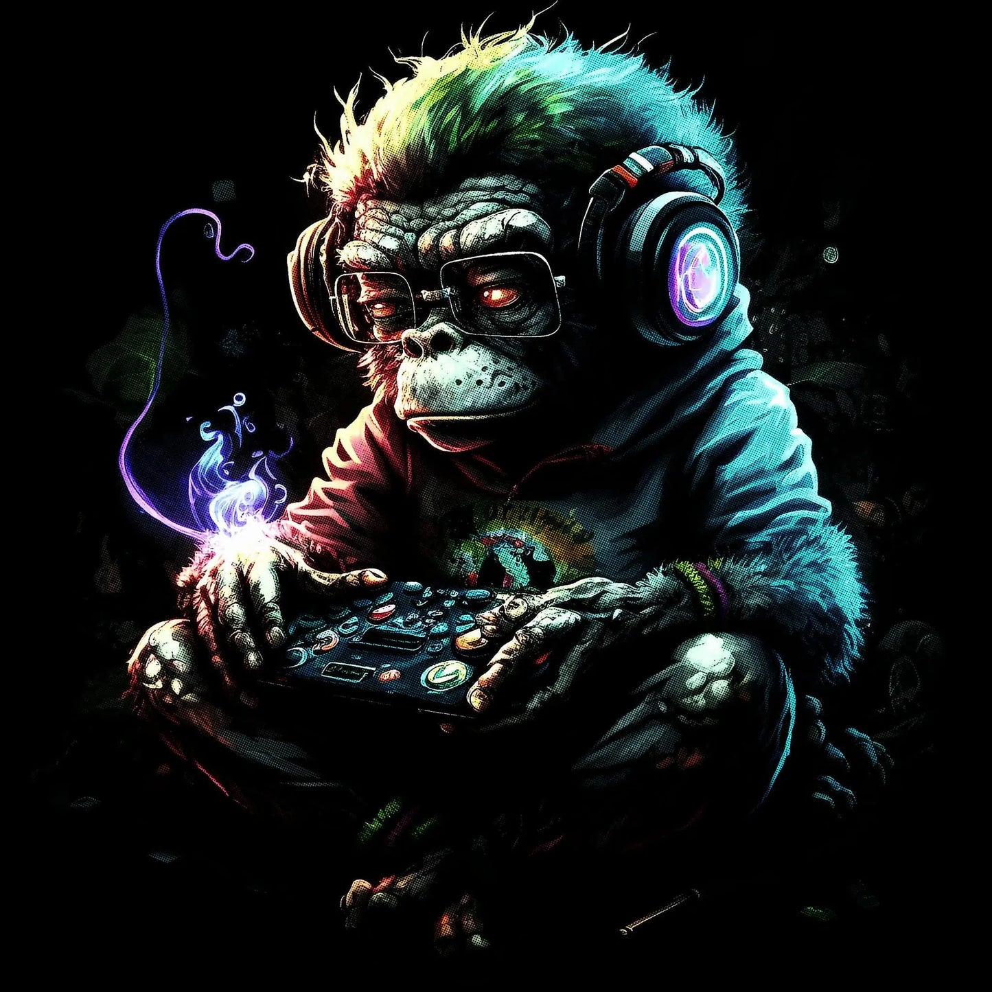 Monochrome halftone dot art illustration of a detailed, expressive gaming chimp face holding a video game controller in retro pop art comic style. — Μονόχρωμη εικονογράφηση με κουκκίδες (halftone) ενός πιθήκου gamer