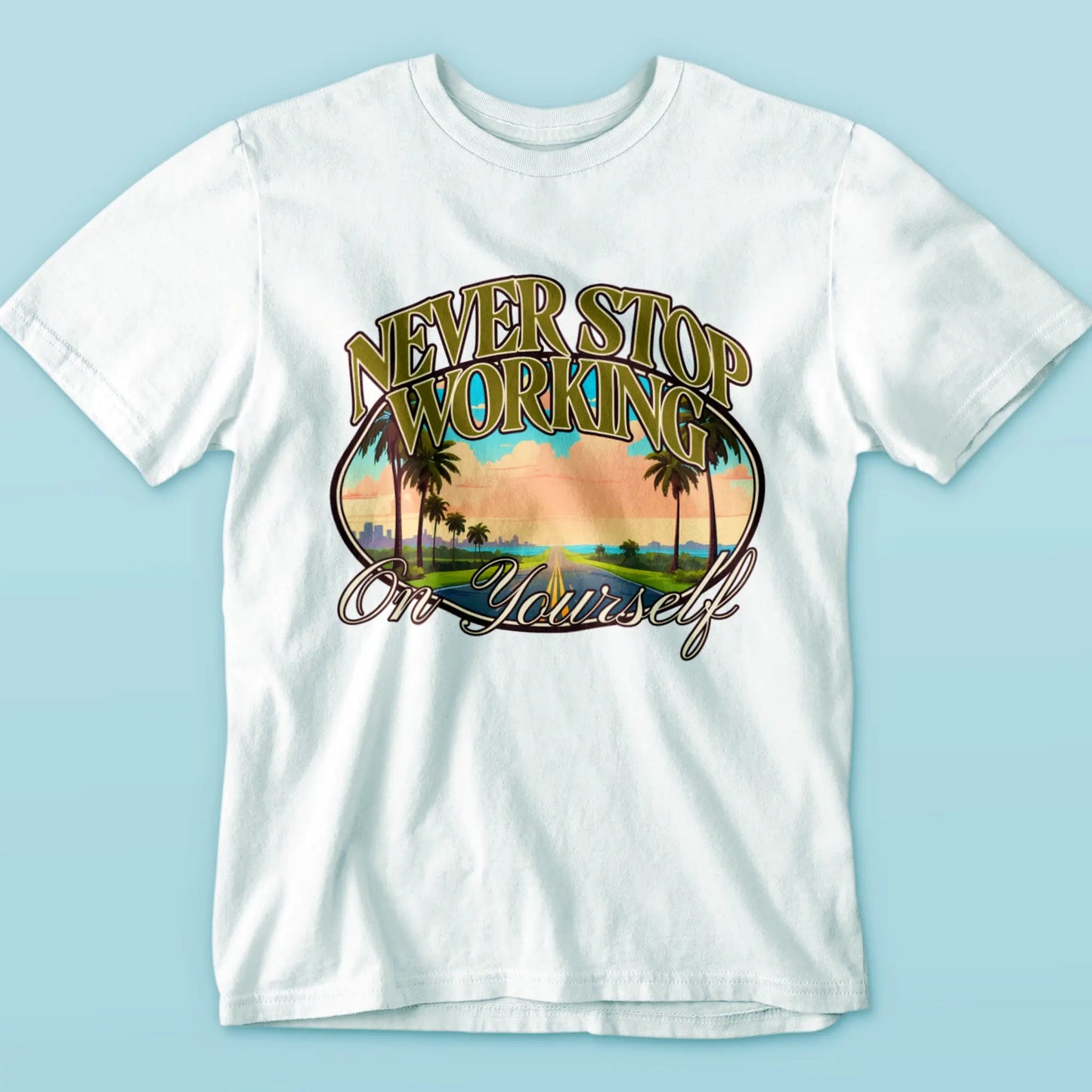 Motivational nature road print on white t-shirt – Σχέδιο δρόμου στη φύση για έμπνευση σε λευκό κοντομάνικο μπλουζάκι