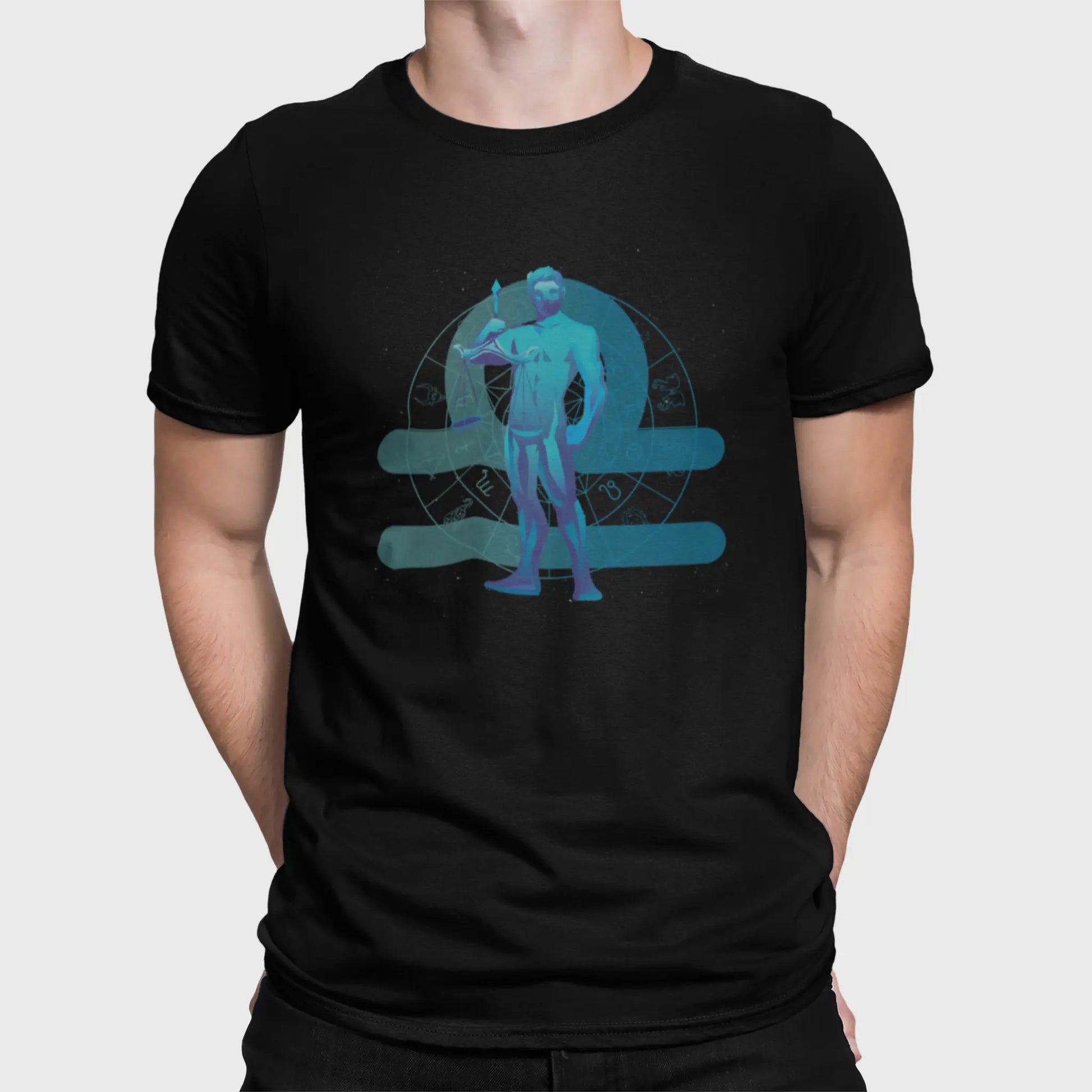 Muscular deity radiates divine justice through teal luminescence as ancient symbols orbit mystical presence on dark fabric canvas - Μυώδης θεότητα αναπαριστά το ζώδιο του Ζυγού εκπέμποντας θεία δικαιοσύνη μέσα από γαλαζοπράσινη λάμψη καθώς αρχαία σύμβολα περιφέρονται γύρω από μυστική παρουσία σε σκούρο κοντομάνικο μπλουζάκι
