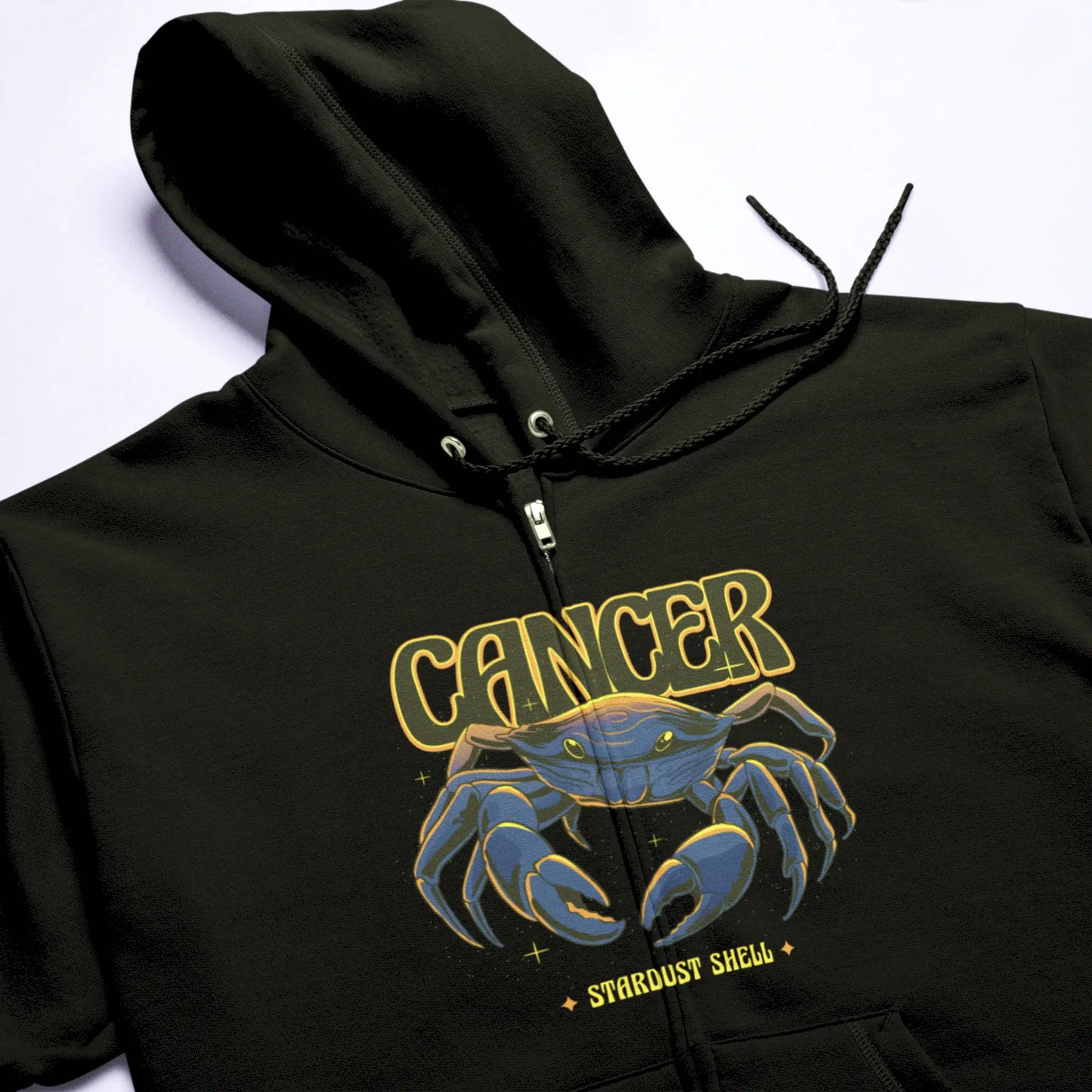 Mystical Cancer sign black zip hoodie with bold crab design | Μαύρη ζακέτα Καρκίνος με μυστικιστικό σχέδιο καβουριού