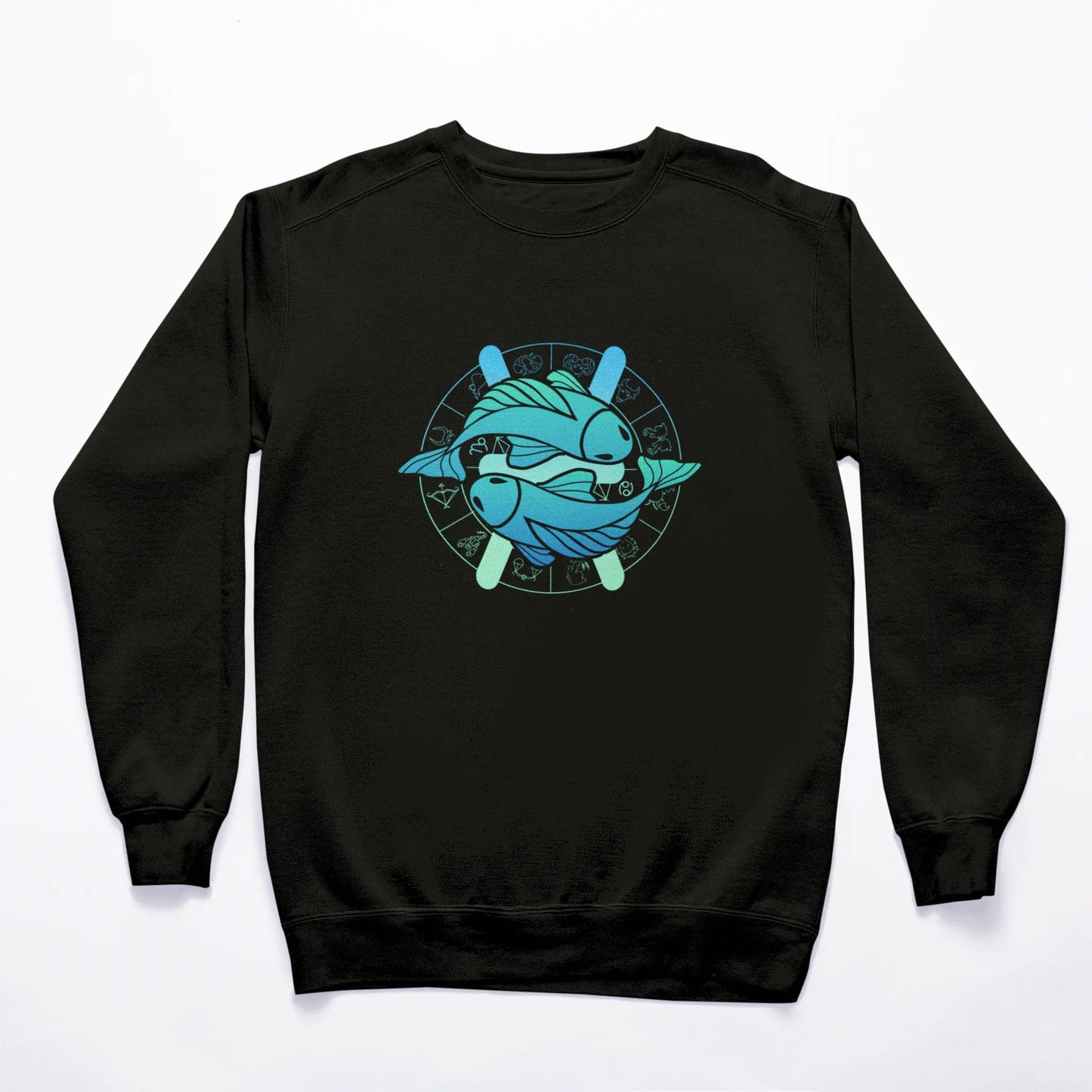 Mystical Pisces fish design printed on black sweatshirt – Μυστικιστικό σχέδιο Ιχθύ με ψάρια σε μαύρο φούτερ