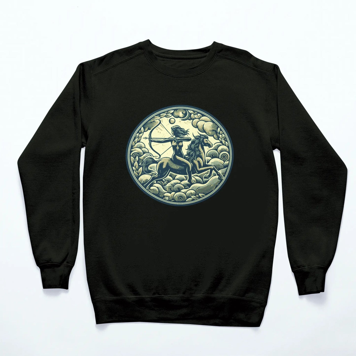 Mystical Sagittarius archer print on a black sweatshirt, embodying the zodiac’s adventurous and bold spirit.” – «Μυστηριακή εκτύπωση Τοξότη σε μαύρο sweatshirt, που ενσαρκώνει το περιπετειώδες και τολμηρό πνεύμα του ζωδίου.