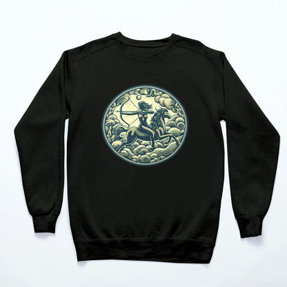 Mystical Sagittarius archer print on a black sweatshirt, embodying the zodiac’s adventurous and bold spirit.” – «Μυστηριακή εκτύπωση Τοξότη σε μαύρο sweatshirt, που ενσαρκώνει το περιπετειώδες και τολμηρό πνεύμα του ζωδίου.