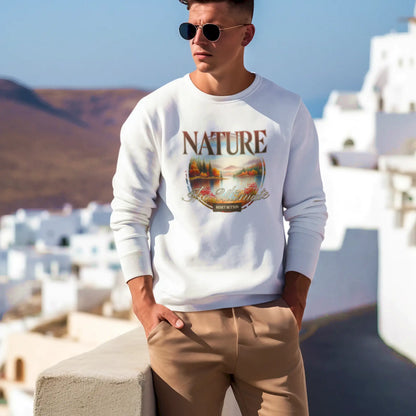 Nature-inspired art print on white sweatshirt – σχέδιο εμπνευσμένο από τη φύση σε λευκή μπλούζα φούτερ