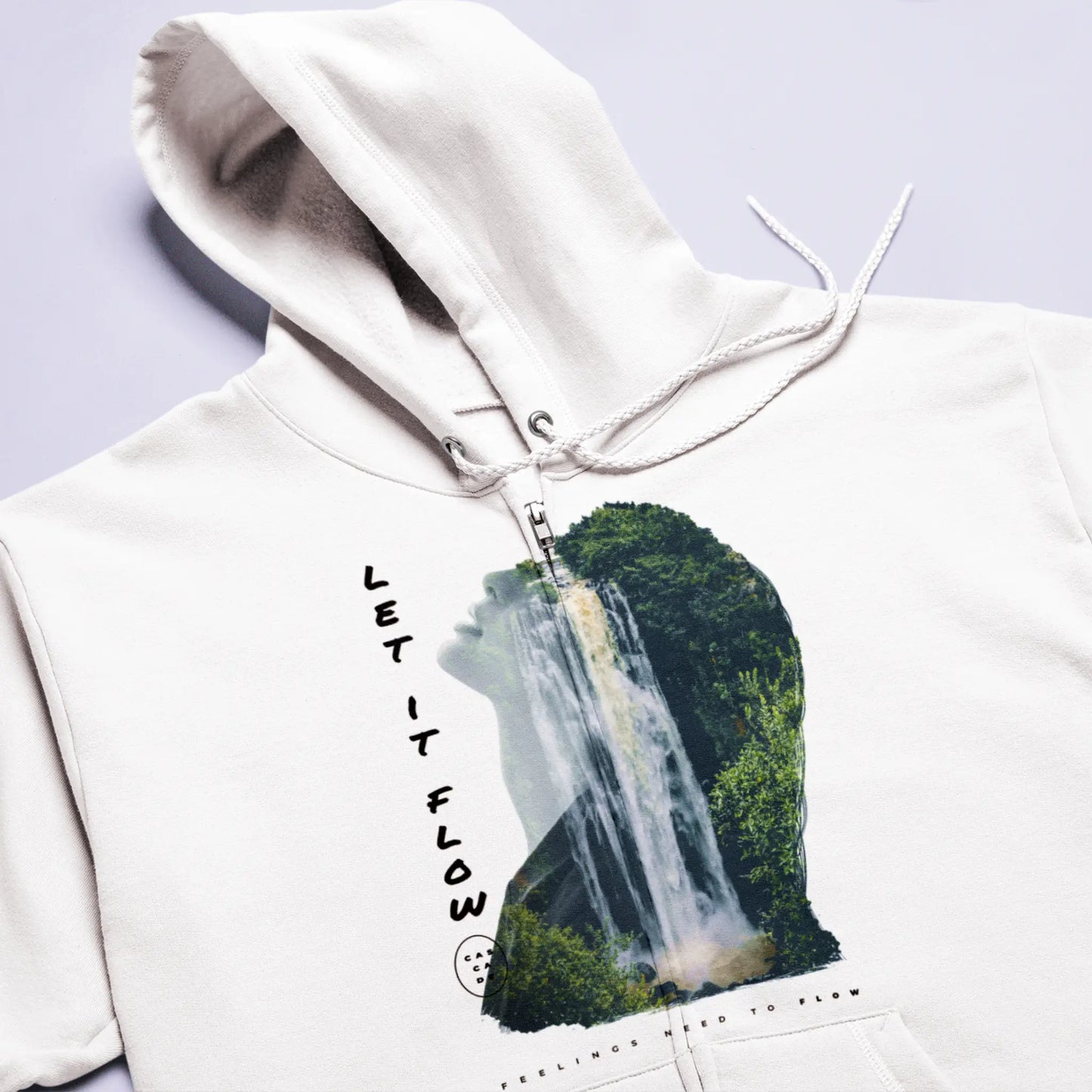 Nature & flow inspired cascade print on white zip hoodie – Εκτύπωση καταρράκτη με έμπνευση συνεαισθηματικής ροής σε λευκή ζακέτα κουκούλα.
