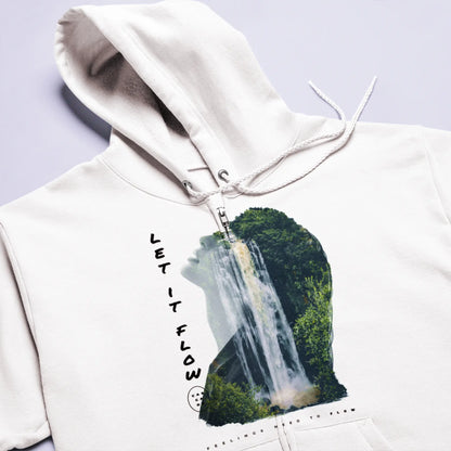 Nature & flow inspired cascade print on white zip hoodie – Εκτύπωση καταρράκτη με έμπνευση συνεαισθηματικής ροής σε λευκή ζακέτα κουκούλα.