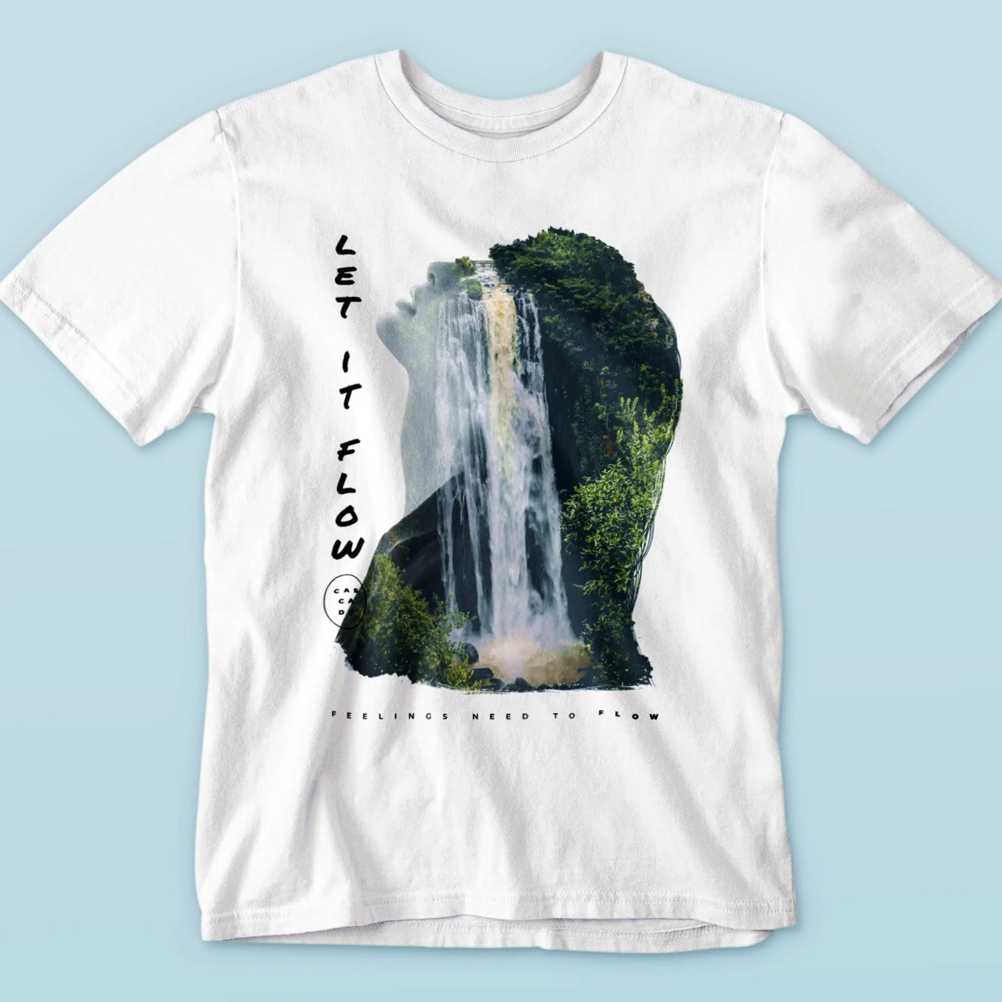 Nature & self-growth cascade print on white t-shirt – Εκτύπωση φύσης & αυτοβελτίωσης με καταρράκτη σε λευκό μπλουζάκι.