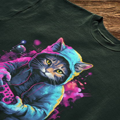 Neon-lit cat hoodie artwork showcasing digital gaming culture on black cotton - γάτα με νέον κουκούλα που παρουσιάζει ψηφιακή gaming κουλτούρα σε μαύρο μπλουζάκι