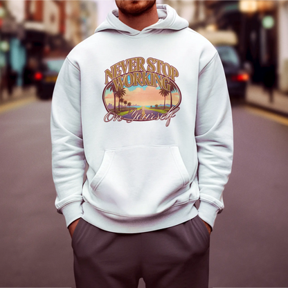 Never stop growing print on white hoodie – Λευκό hoodie με εκτύπωση “ποτέ μην σταματάς να εξελίσσεσαι”