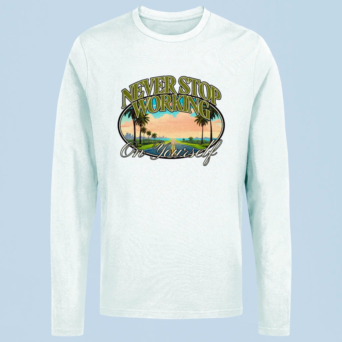 Never stop growing quote on white long sleeve – Λευκό μακρυμάνικο με το μήνυμα “ποτέ μην σταματάς να εξελίσσεσαι”