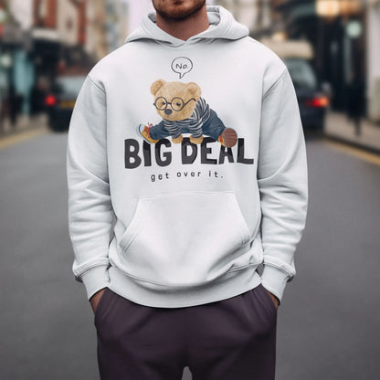 White hoodie with teddy bear saying 'No Big Deal' – λευκό hoodie με print teddy και χιουμοριστική διάθεση