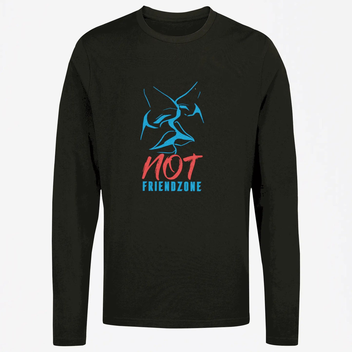 Passionate kiss design with 'Not Friendzone' text on black long sleeve – Σχέδιο παθιασμένου φιλιού με το κείμενο 'Not Friendzone' σε μαύρο μακρυμάνικο."