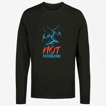 Passionate kiss design with 'Not Friendzone' text on black long sleeve – Σχέδιο παθιασμένου φιλιού με το κείμενο 'Not Friendzone' σε μαύρο μακρυμάνικο."