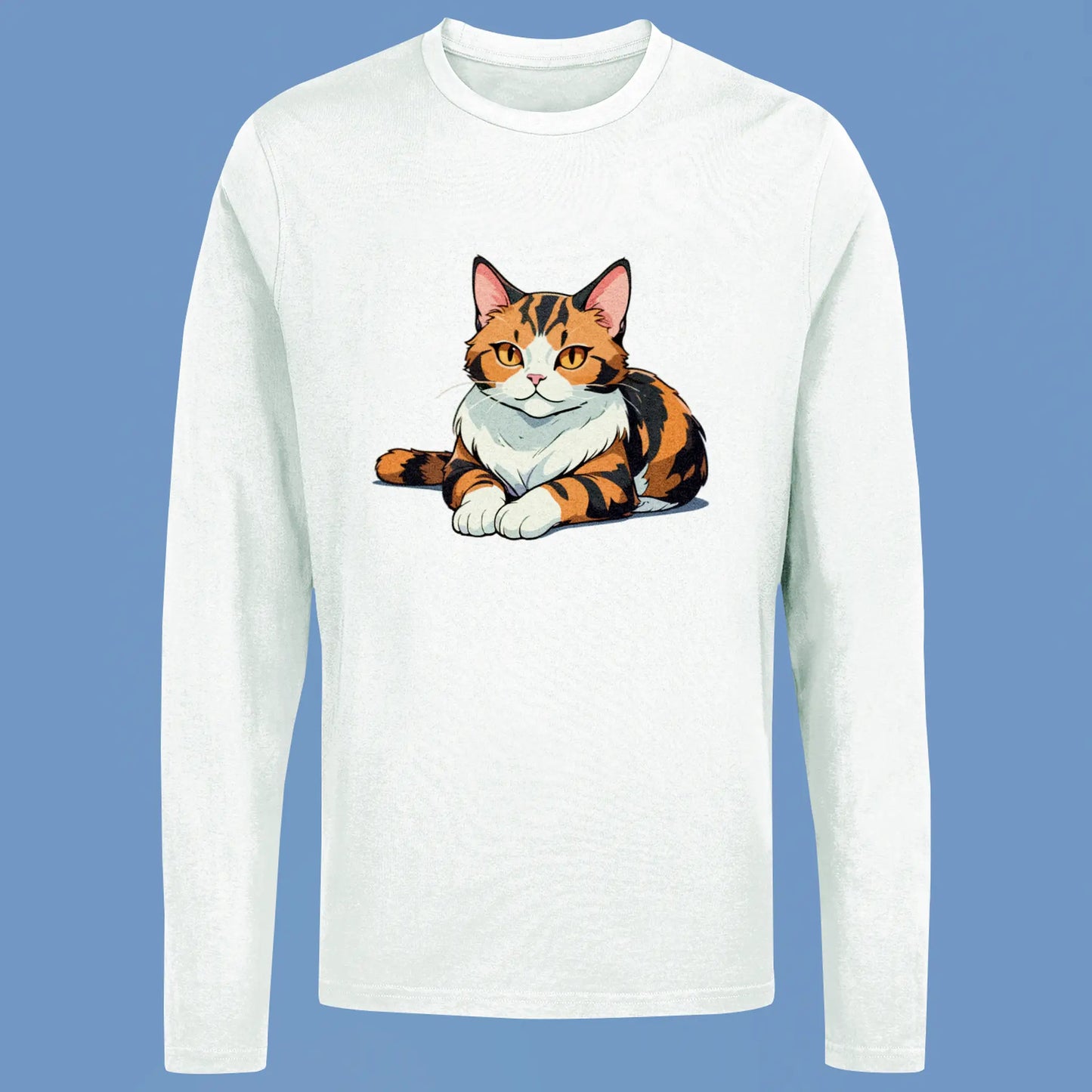 Peaceful calico cat creates perfect comfort on white long sleeve shirt - Ήρεμη γάτα καλικό δημιουργεί τέλεια άνεση σε λευκή μακρυμάνικη μπλούζα