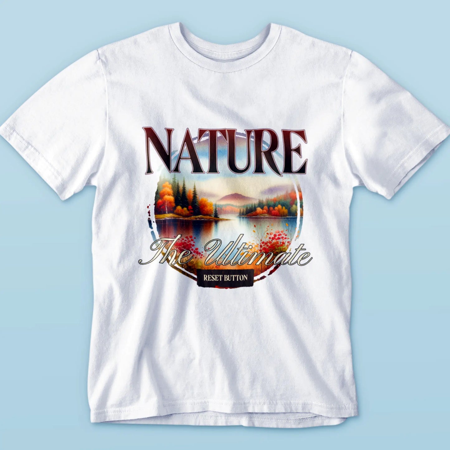 Peaceful outdoor mountain and lake scene on a white t-shirt – Γαλήνια εξωτερική σκηνή με βουνό και λίμνη σε λευκό κοντομάνικο t-shirt