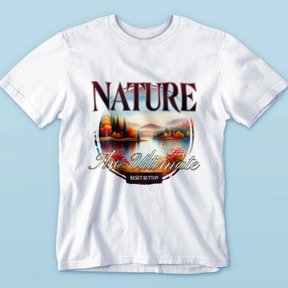 Peaceful outdoor mountain and lake scene on a white t-shirt – Γαλήνια εξωτερική σκηνή με βουνό και λίμνη σε λευκό κοντομάνικο t-shirt