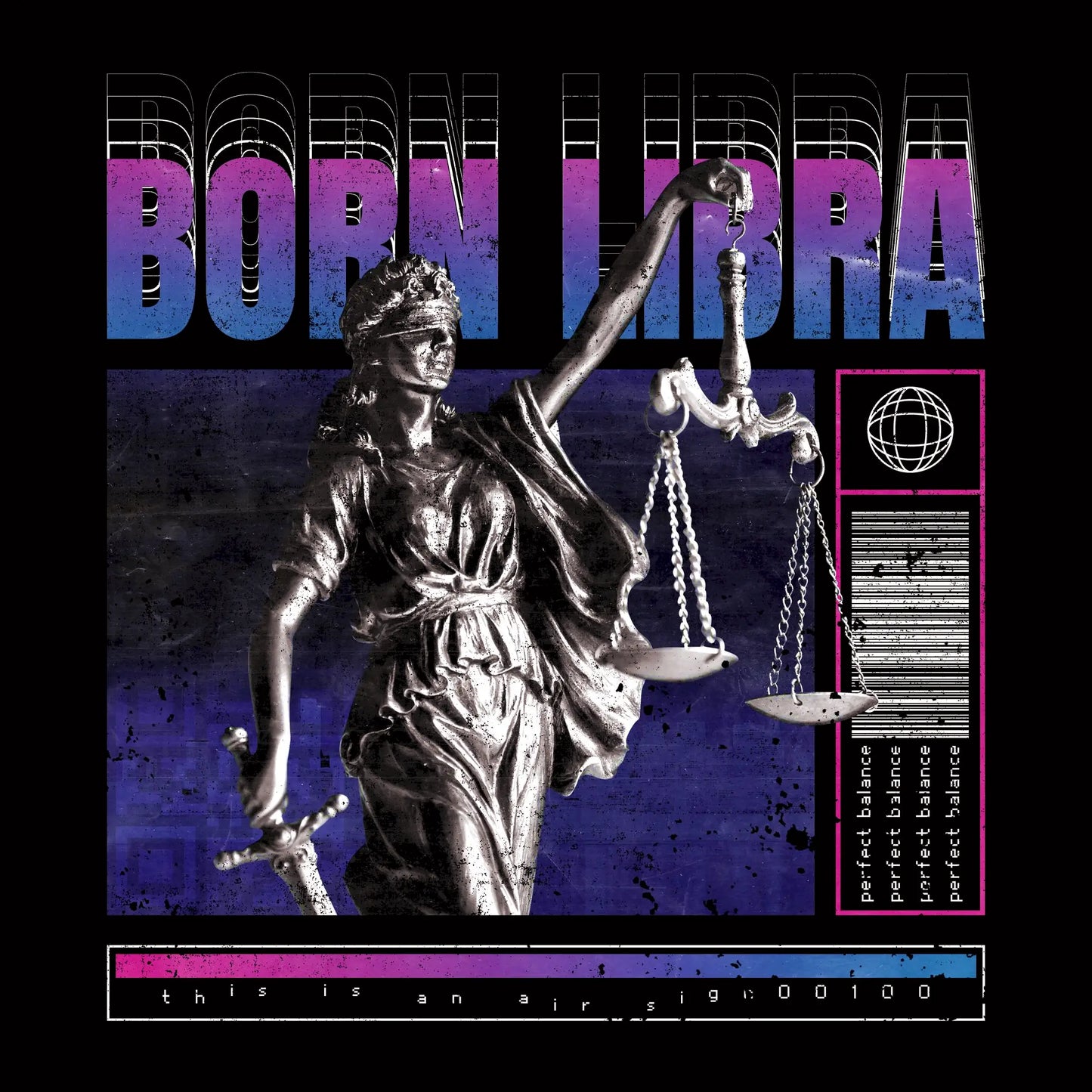 Perfect Balance" Libra zodiac design featuring elegant repetitive typography and harmony theme with trap style aesthetics / Σχέδιο ζώδιου Ζυγού με κομψή επαναλαμβανόμενη τυπογραφία και θέμα αρμονίας σε trap στυλ αισθητική