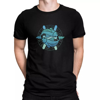 Pisces fish zodiac illustration on black t-shirt – Απεικόνιση Ιχθύ ζωδίου με ψάρια σε μαύρο μπλουζάκι.