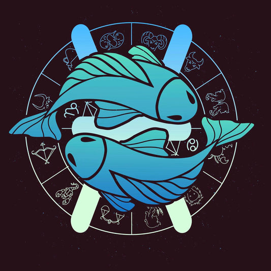 Pisces zodiac sign digital artwork with two blue fish in cosmic circle – Ψηφιακό σχέδιο ζωδίου Ιχθύ με δύο μπλε ψάρια μέσα σε κοσμικό κύκλο."
